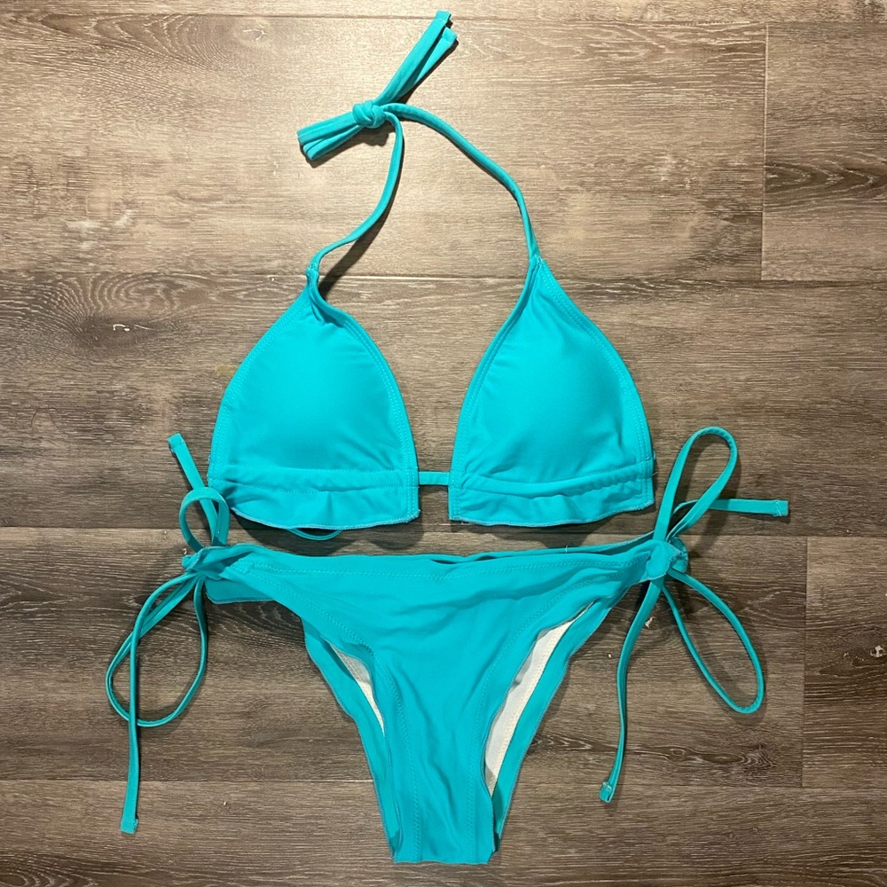 MakeMeChic Turquoise Triangle String Bikini Set